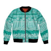 Hawaiian Hibiscus Honu Bomber Jacket Turquoise Mele Kalikimaka Palaka Spirit - Polynesian Pride