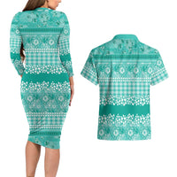 Hawaiian Hibiscus Honu Couples Matching Long Sleeve Bodycon Dress and Hawaiian Shirt Turquoise Mele Kalikimaka Palaka Spirit LT9 - Polynesian Pride