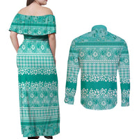 Hawaiian Hibiscus Honu Couples Matching Off Shoulder Maxi Dress and Long Sleeve Button Shirt Turquoise Mele Kalikimaka Palaka Spirit - Polynesian Pride