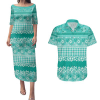 Hawaiian Hibiscus Honu Couples Matching Puletasi and Hawaiian Shirt Turquoise Mele Kalikimaka Palaka Spirit LT9 Turquoise - Polynesian Pride