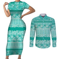 Hawaiian Hibiscus Honu Couples Matching Short Sleeve Bodycon Dress and Long Sleeve Button Shirt Turquoise Mele Kalikimaka Palaka Spirit - Polynesian Pride