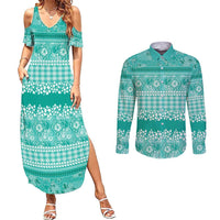 Hawaiian Hibiscus Honu Couples Matching Summer Maxi Dress and Long Sleeve Button Shirt Turquoise Mele Kalikimaka Palaka Spirit LT9 Turquoise - Polynesian Pride