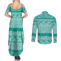 Hawaiian Hibiscus Honu Couples Matching Summer Maxi Dress and Long Sleeve Button Shirt Turquoise Mele Kalikimaka Palaka Spirit LT9 - Polynesian Pride