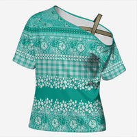 Hawaiian Hibiscus Honu Cross Shoulder Shirt Turquoise Mele Kalikimaka Palaka Spirit - Polynesian Pride