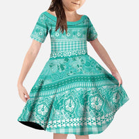Hawaiian Hibiscus Honu Family Matching Long Sleeve Bodycon Dress and Hawaiian Shirt Turquoise Mele Kalikimaka Palaka Spirit LT9 Daughter's Dress Turquoise - Polynesian Pride
