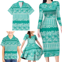Hawaiian Hibiscus Honu Family Matching Long Sleeve Bodycon Dress and Hawaiian Shirt Turquoise Mele Kalikimaka Palaka Spirit LT9 - Polynesian Pride