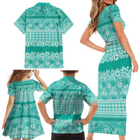 Hawaiian Hibiscus Honu Family Matching Short Sleeve Bodycon Dress and Hawaiian Shirt Turquoise Mele Kalikimaka Palaka Spirit LT9 - Polynesian Pride