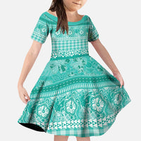 Hawaiian Hibiscus Honu Family Matching Summer Maxi Dress and Hawaiian Shirt Turquoise Mele Kalikimaka Palaka Spirit LT9 Daughter's Dress Turquoise - Polynesian Pride