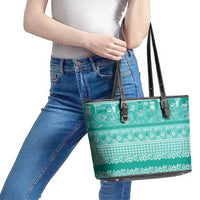 Hawaiian Hibiscus Honu Leather Tote Bag Turquoise Mele Kalikimaka Palaka Spirit - Polynesian Pride