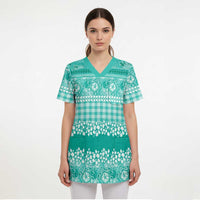 Hawaiian Hibiscus Honu Scrub Top Turquoise Mele Kalikimaka Palaka Spirit - Polynesian Pride