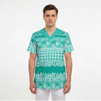 Hawaiian Hibiscus Honu Scrub Top Turquoise Mele Kalikimaka Palaka Spirit - Polynesian Pride