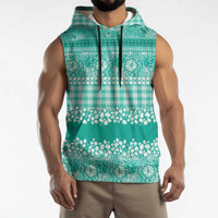 Hawaiian Hibiscus Honu Sleeveless Hoodie Turquoise Mele Kalikimaka Palaka Spirit - Polynesian Pride