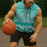 Hawaiian Hibiscus Honu Sleeveless Zip Hoodie Turquoise Mele Kalikimaka Palaka Spirit - Polynesian Pride