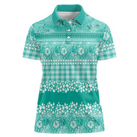 Hawaiian Hibiscus Honu Women Polo Shirt Turquoise Mele Kalikimaka Palaka Spirit LT9 Female Turquoise - Polynesian Pride