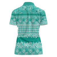 Hawaiian Hibiscus Honu Women Polo Shirt Turquoise Mele Kalikimaka Palaka Spirit LT9 - Polynesian Pride