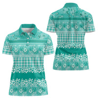 Hawaiian Hibiscus Honu Women Polo Shirt Turquoise Mele Kalikimaka Palaka Spirit LT9 - Polynesian Pride