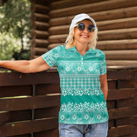 Hawaiian Hibiscus Honu Women Polo Shirt Turquoise Mele Kalikimaka Palaka Spirit LT9 - Polynesian Pride