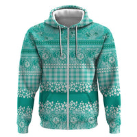 Hawaiian Hibiscus Honu Zip Hoodie Turquoise Mele Kalikimaka Palaka Spirit - Polynesian Pride