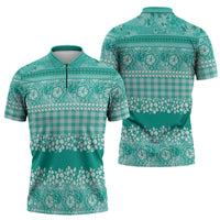 Hawaiian Hibiscus Honu Zipper Polo Shirt Turquoise Mele Kalikimaka Palaka Spirit - Polynesian Pride