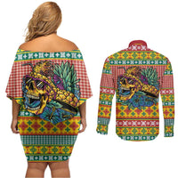 Hawaiian Pineapples Skull Couples Matching Off Shoulder Short Dress and Long Sleeve Button Shirt Mele Kalikimaka Palaka Quilt Pattern - Polynesian Pride