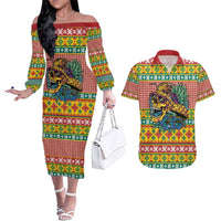 Hawaiian Pineapples Skull Couples Matching Off The Shoulder Long Sleeve Dress and Hawaiian Shirt Mele Kalikimaka Palaka Quilt Pattern - Polynesian Pride
