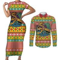 Hawaiian Pineapples Skull Couples Matching Short Sleeve Bodycon Dress and Long Sleeve Button Shirt Mele Kalikimaka Palaka Quilt Pattern - Polynesian Pride