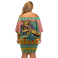 Hawaiian Pineapples Skull Family Matching Off Shoulder Short Dress and Hawaiian Shirt Mele Kalikimaka Palaka Quilt Pattern - Polynesian Pride