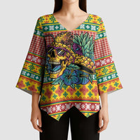 Hawaiian Pineapples Skull Kimono Sleeve Blouse Mele Kalikimaka Palaka Quilt Pattern - Polynesian Pride