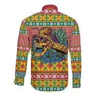 Hawaiian Pineapples Skull Long Sleeve Button Shirt Mele Kalikimaka Palaka Quilt Pattern - Polynesian Pride