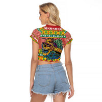 Hawaiian Pineapples Skull Raglan Cropped T Shirt Mele Kalikimaka Palaka Quilt Pattern - Polynesian Pride