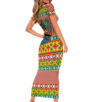 Hawaiian Pineapples Skull Short Sleeve Bodycon Dress Mele Kalikimaka Palaka Quilt Pattern - Polynesian Pride
