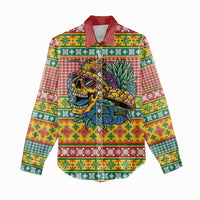 Hawaiian Pineapples Skull Women Casual Shirt Mele Kalikimaka Palaka Quilt Pattern - Polynesian Pride
