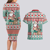 Hawaiian Funny Santa Surf Couples Matching Long Sleeve Bodycon Dress and Hawaiian Shirt Mele Kalikimaka Palaka Quilt Pattern LT9 - Polynesian Pride