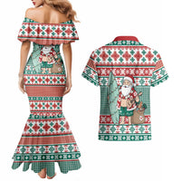 Hawaiian Funny Santa Surf Couples Matching Mermaid Dress and Hawaiian Shirt Mele Kalikimaka Palaka Quilt Pattern - Polynesian Pride