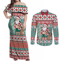 Hawaiian Funny Santa Surf Couples Matching Off Shoulder Maxi Dress and Long Sleeve Button Shirt Mele Kalikimaka Palaka Quilt Pattern - Polynesian Pride