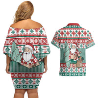 Hawaiian Funny Santa Surf Couples Matching Off Shoulder Short Dress and Hawaiian Shirt Mele Kalikimaka Palaka Quilt Pattern - Polynesian Pride