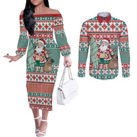 Hawaiian Funny Santa Surf Couples Matching Off The Shoulder Long Sleeve Dress and Long Sleeve Button Shirt Mele Kalikimaka Palaka Quilt Pattern - Polynesian Pride