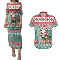Hawaiian Funny Santa Surf Couples Matching Puletasi and Hawaiian Shirt Mele Kalikimaka Palaka Quilt Pattern - Polynesian Pride