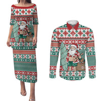 Hawaiian Funny Santa Surf Couples Matching Puletasi and Long Sleeve Button Shirt Mele Kalikimaka Palaka Quilt Pattern - Polynesian Pride