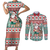 Hawaiian Funny Santa Surf Couples Matching Short Sleeve Bodycon Dress and Long Sleeve Button Shirt Mele Kalikimaka Palaka Quilt Pattern - Polynesian Pride