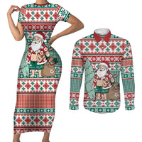 Hawaiian Funny Santa Surf Couples Matching Short Sleeve Bodycon Dress and Long Sleeve Button Shirt Mele Kalikimaka Palaka Quilt Pattern - Polynesian Pride