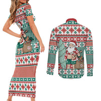Hawaiian Funny Santa Surf Couples Matching Short Sleeve Bodycon Dress and Long Sleeve Button Shirt Mele Kalikimaka Palaka Quilt Pattern - Polynesian Pride