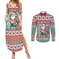 Hawaiian Funny Santa Surf Couples Matching Summer Maxi Dress and Long Sleeve Button Shirt Mele Kalikimaka Palaka Quilt Pattern - Polynesian Pride