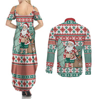 Hawaiian Funny Santa Surf Couples Matching Summer Maxi Dress and Long Sleeve Button Shirt Mele Kalikimaka Palaka Quilt Pattern - Polynesian Pride