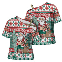 Hawaiian Funny Santa Surf Cross Shoulder Shirt Mele Kalikimaka Palaka Quilt Pattern - Polynesian Pride