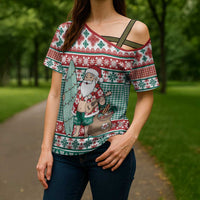 Hawaiian Funny Santa Surf Cross Shoulder Shirt Mele Kalikimaka Palaka Quilt Pattern - Polynesian Pride