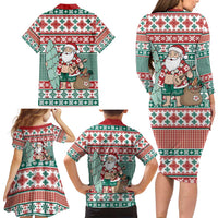 Hawaiian Funny Santa Surf Family Matching Long Sleeve Bodycon Dress and Hawaiian Shirt Mele Kalikimaka Palaka Quilt Pattern - Polynesian Pride