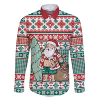 Hawaiian Funny Santa Surf Family Matching Off The Shoulder Long Sleeve Dress and Hawaiian Shirt Mele Kalikimaka Palaka Quilt Pattern LT9 Dad's Shirt - Long Sleeve Green - Polynesian Pride