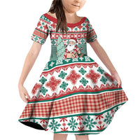 Hawaiian Funny Santa Surf Family Matching Off Shoulder Short Dress and Hawaiian Shirt Mele Kalikimaka Palaka Quilt Pattern LT9 Daughter's Dress Green - Polynesian Pride