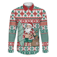Hawaiian Funny Santa Surf Family Matching Puletasi and Hawaiian Shirt Mele Kalikimaka Palaka Quilt Pattern LT9 Dad's Shirt - Long Sleeve Green - Polynesian Pride